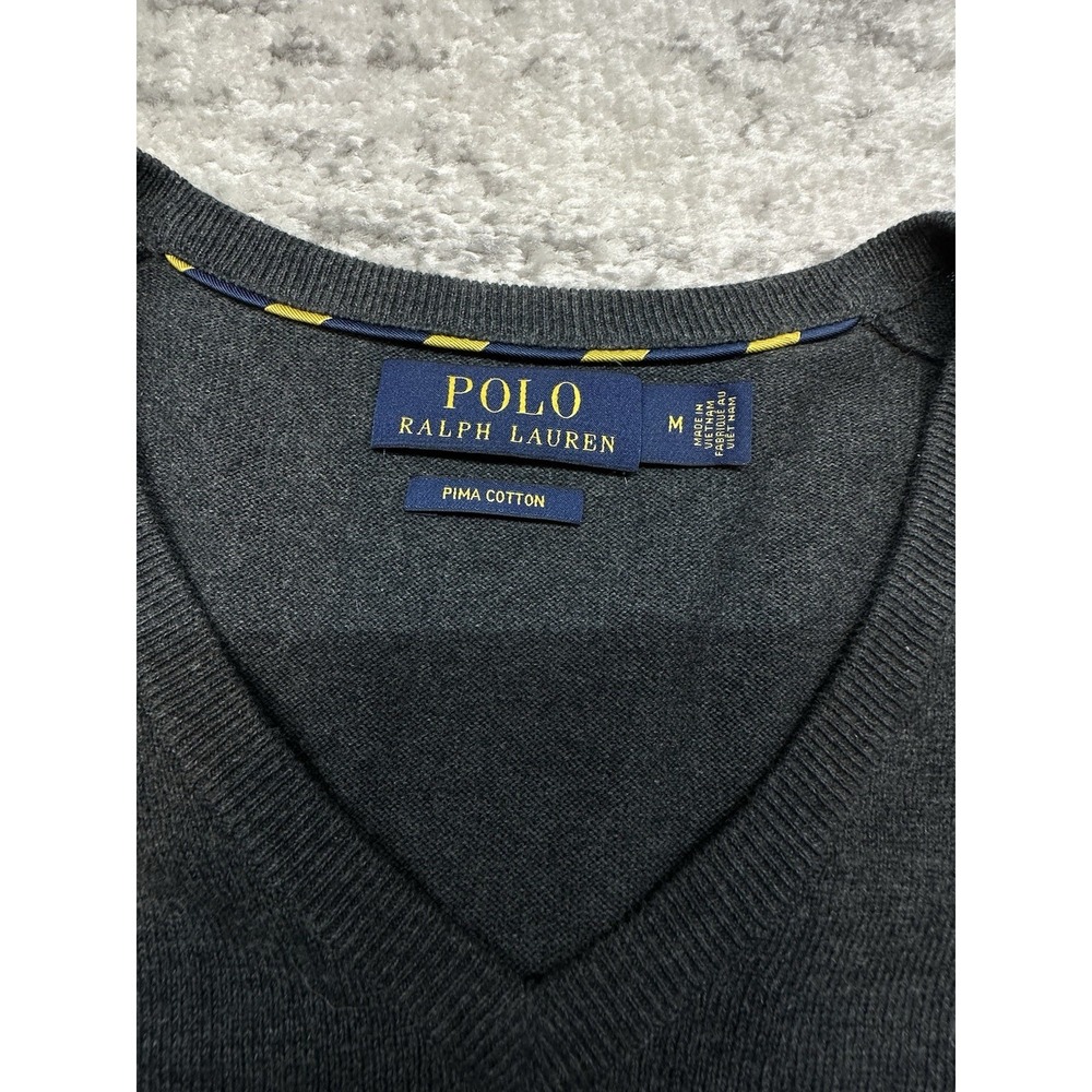 Polo Ralph Lauren Medium Gray Pullover Sweater V‎ Neck Lightweight Pima Cotton - Picture 3 of 9